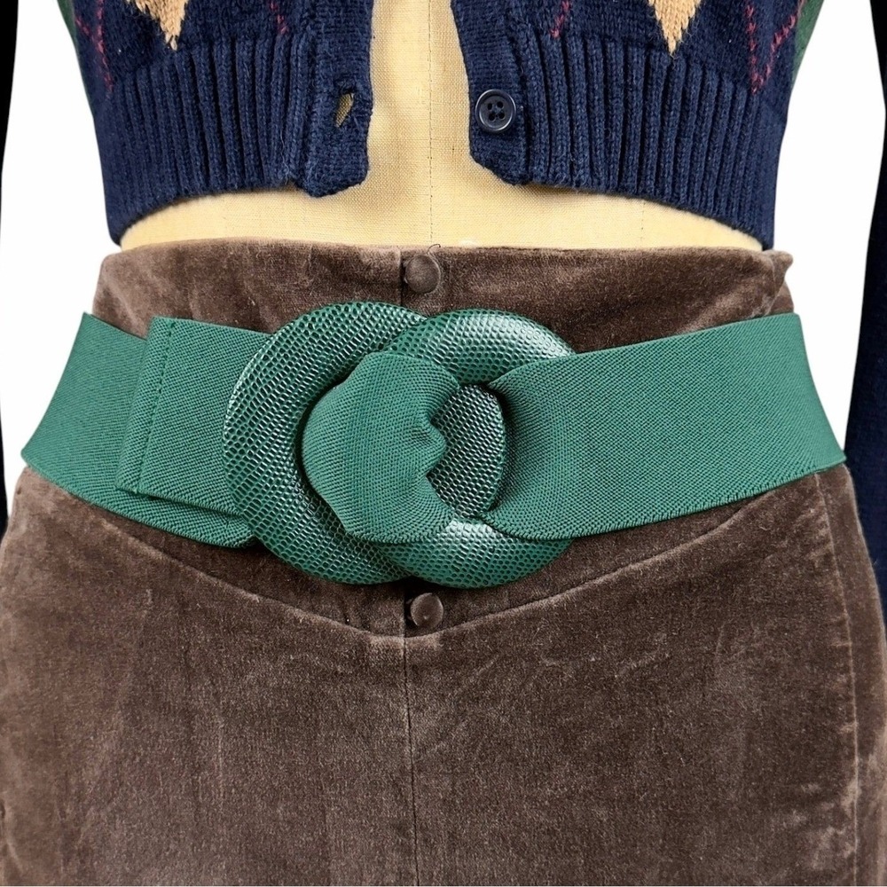80s Retro Chunky Waist Belt Green Snakeskin Buckle Elastic Cinch Eclectic OS
